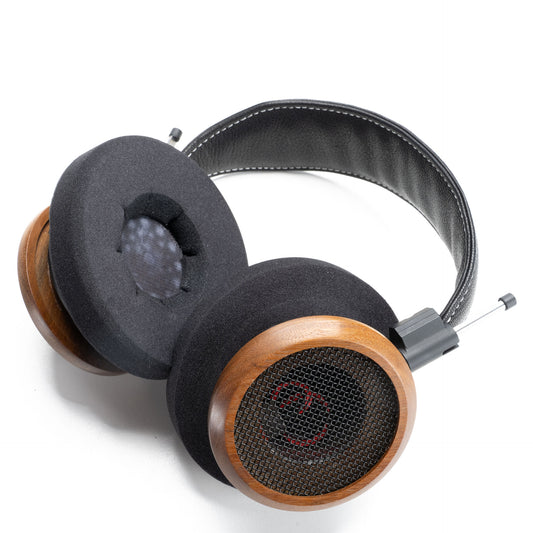 Photo of the Grado B Ear Cushions on a pair of headphones on a white background.