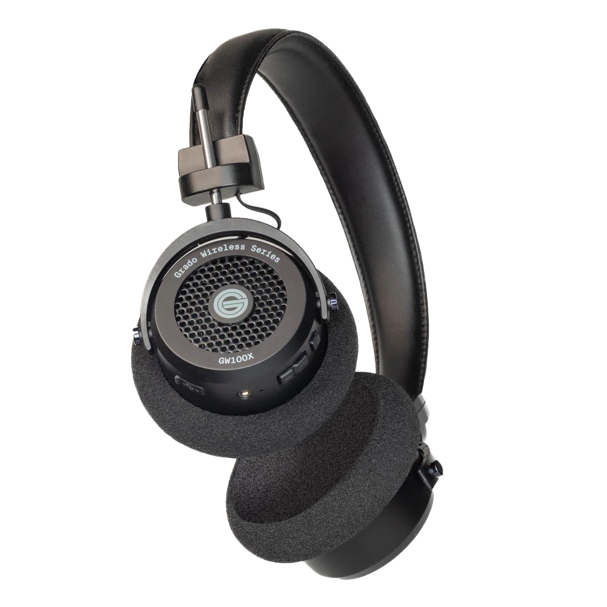 3/4 view photo of the GW100x headphones showing the ear cup which has the Grado logo, and is inscribed with - Grado Wireless Series - and - GW100x