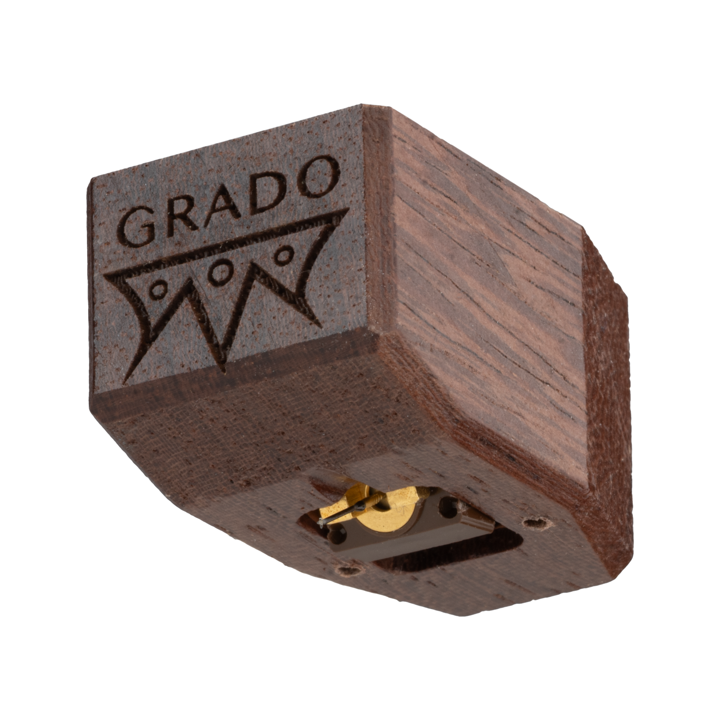 Close up photo of a Lineage Series Cartridge which is wooden and has the words GRADO and a symbol that resembles an upside down crown engraved in it.