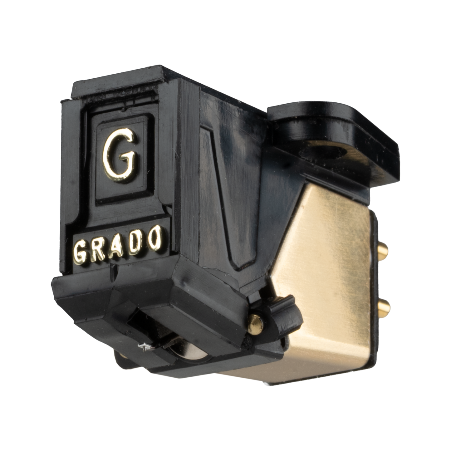 Close up photo of a Gold4 Cartridge which is black and gold with a large G and the word GRADO on the front in gold letters.