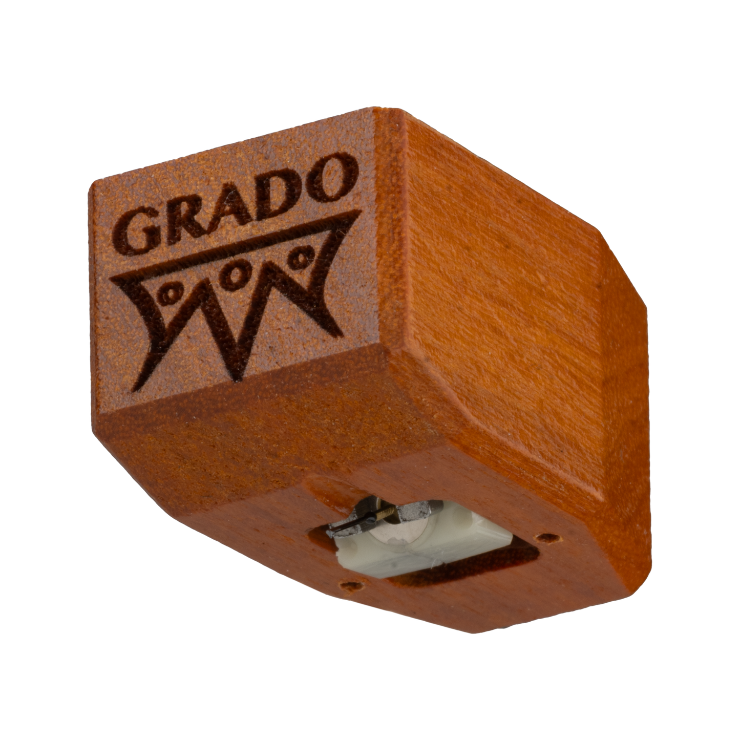Close up photo of a Timbre Series - Master/Reference - Cartridge which is wooden and has the words GRADO and a symbol that resembles an upside down crown engraved in it.