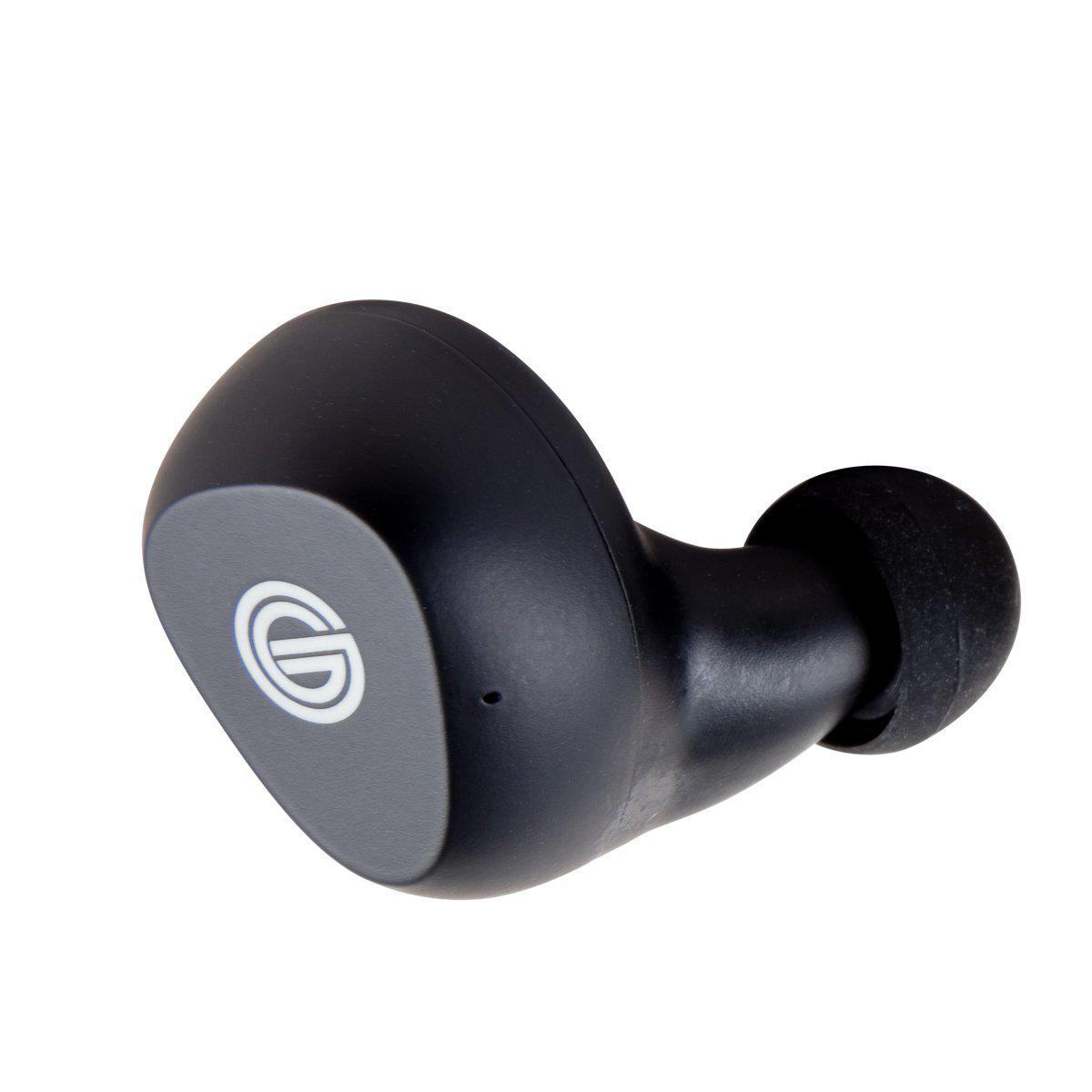 Photo of the right side ear bud for the GT220 which is black and has the white 'G' Grado Logo on it.