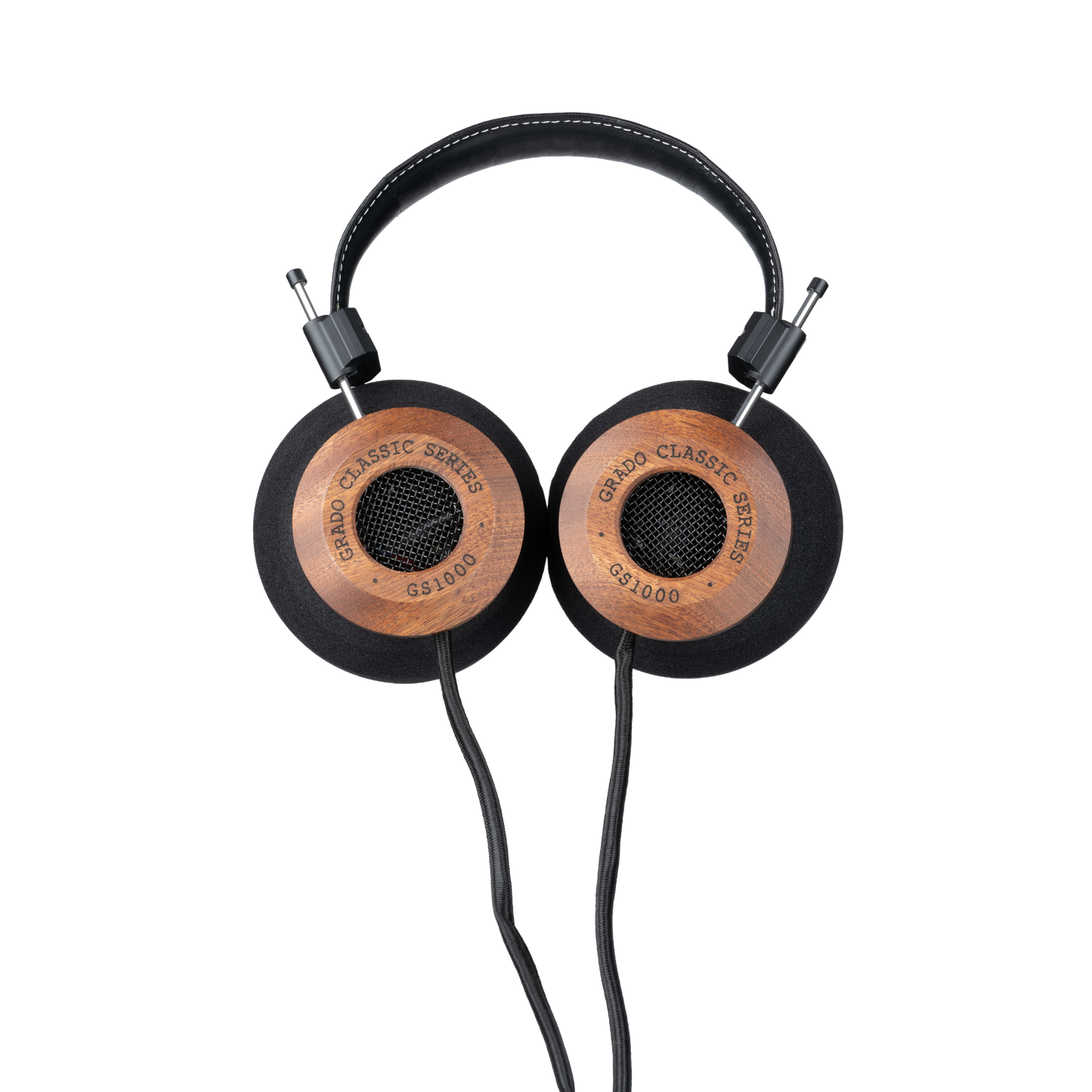 Photo of Grado GS1000 Headphones  taken from the top - both the left and right ear cups can be seen and have the words - Grado Classic Series - GS1000 on them.
