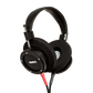 Photo of Grado S750 Headphones taken from the 3/4 view - the Grado logo is featured in the center of the ear cup and the red/black cables can be seen coming out of the headphone.