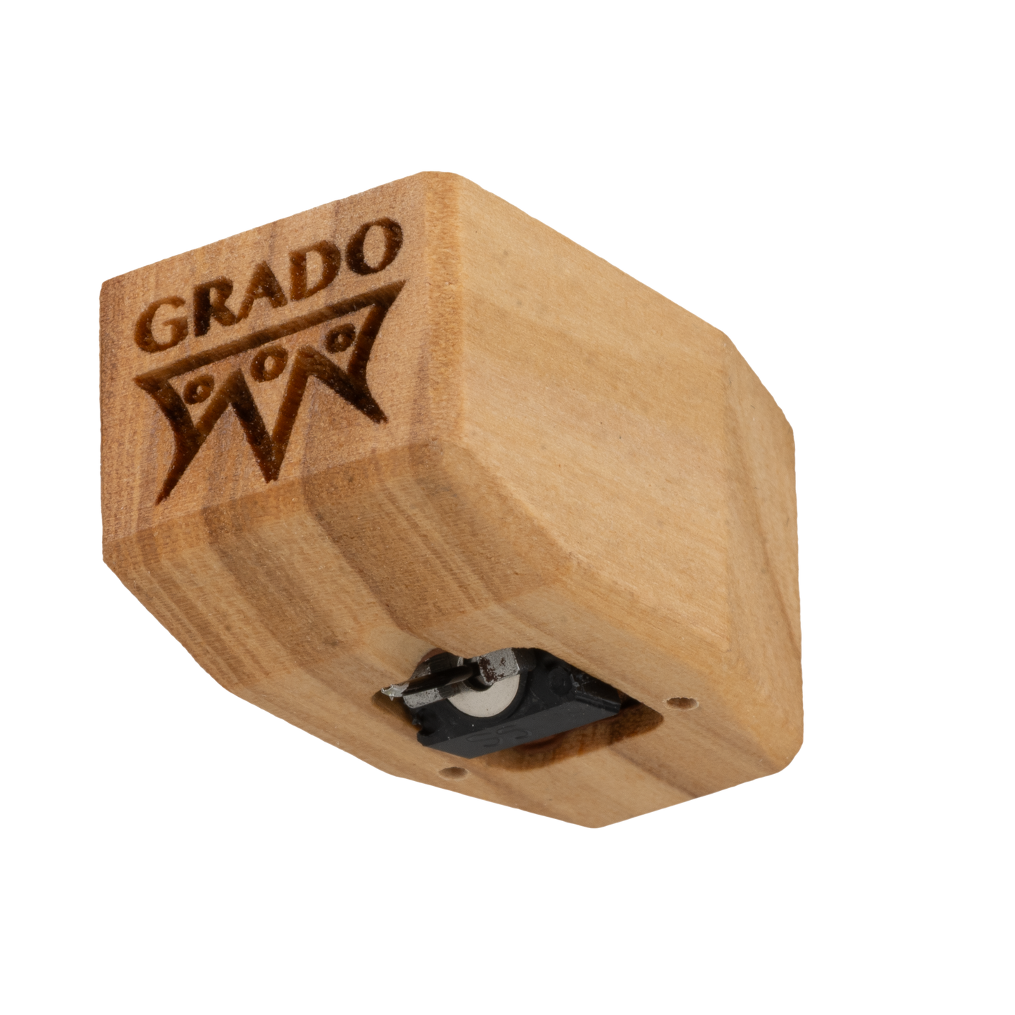 Close up photo of a Timbre Series - Sonata/Platinum - Cartridge which is wooden and has the words GRADO and a symbol that resembles an upside down crown engraved in it.