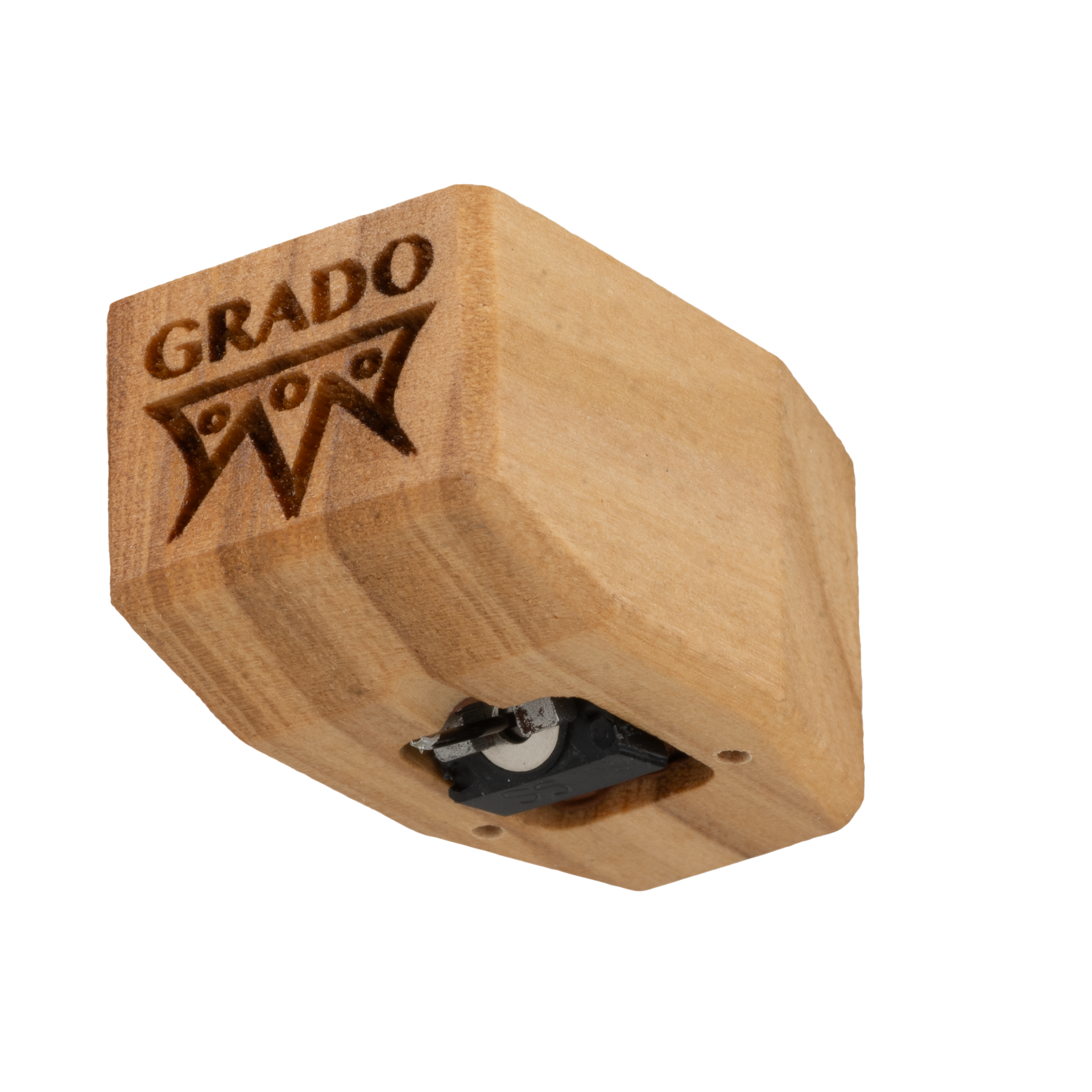 Close up photo of a Timbre Series - Sonata/Platinum - Cartridge which is wooden and has the words GRADO and a symbol that resembles an upside down crown engraved in it.